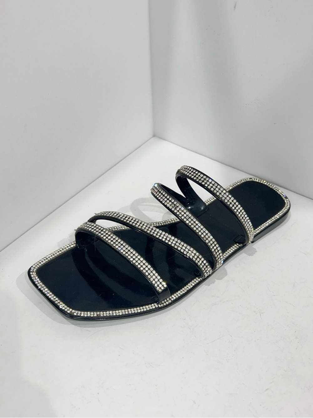 Black Rhinestone Multi-Strap Slide Sandal - Women's